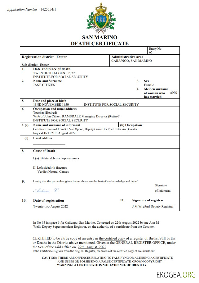 Modèle Word et PDF d'acte de décès de Saint Marin